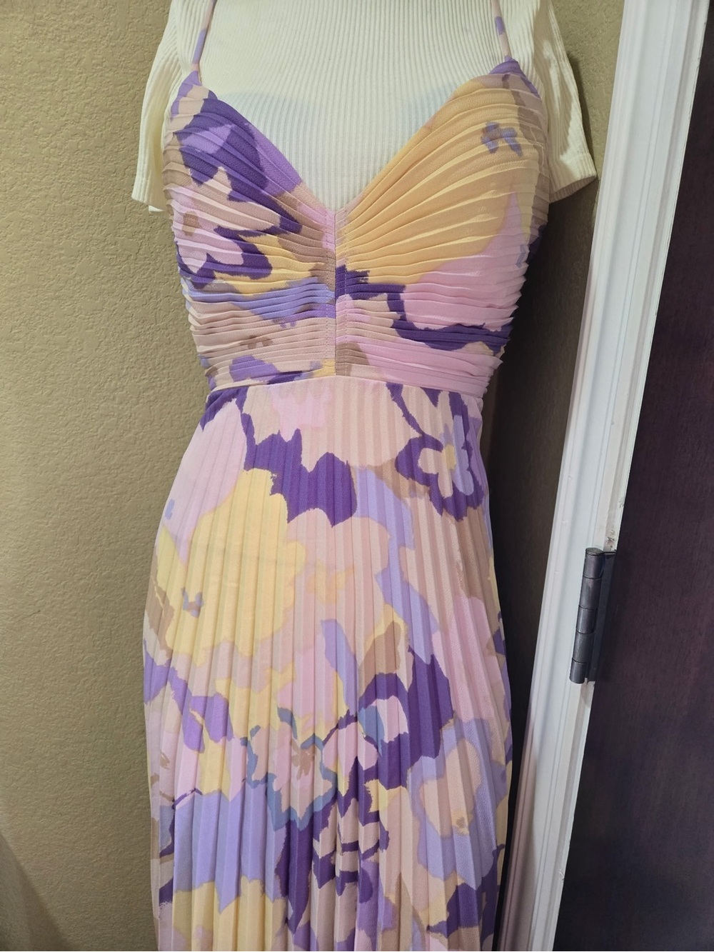 Pleated Floral Spaghetti-Strap Maxi Dress in Lavender and Yellow